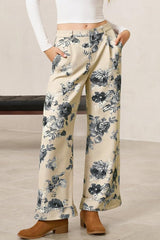 Beige Retro Floral Print Turn-up Cuffed Hem Loose Jeans