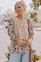 Beige Faux Two Piece Knit Patchwork Floral Plus Size Top