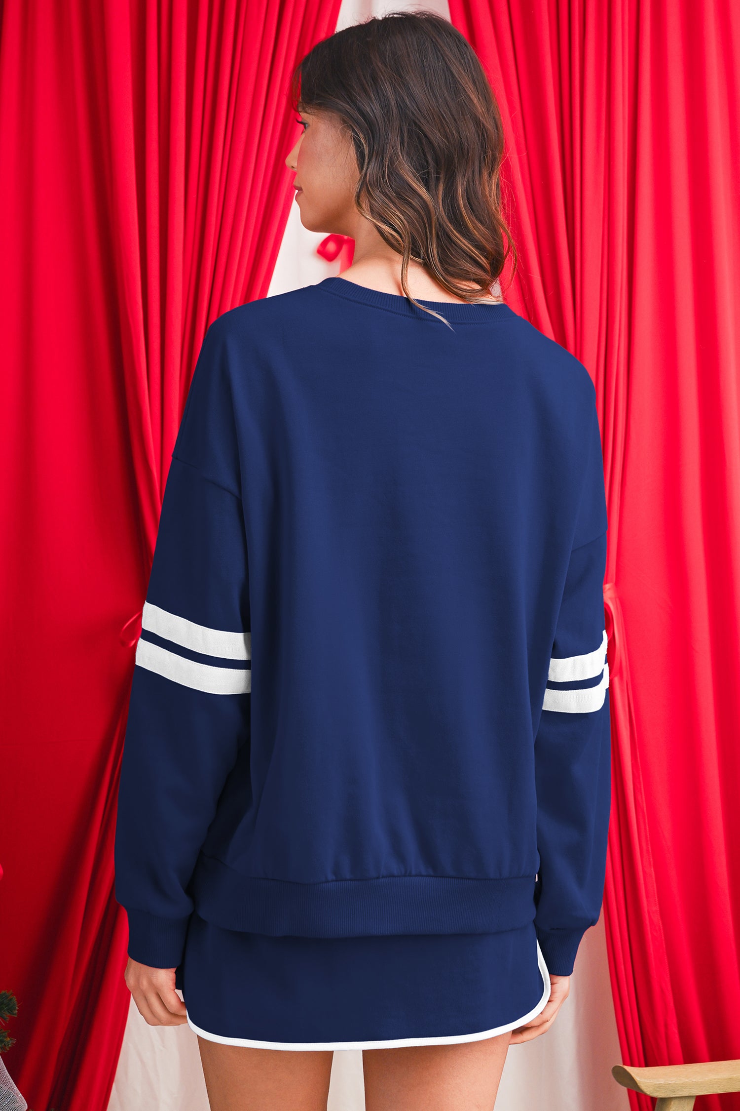 Navy Blue Varsity Stripe Detail Drop Shoulder Pullover Mini Skort Set