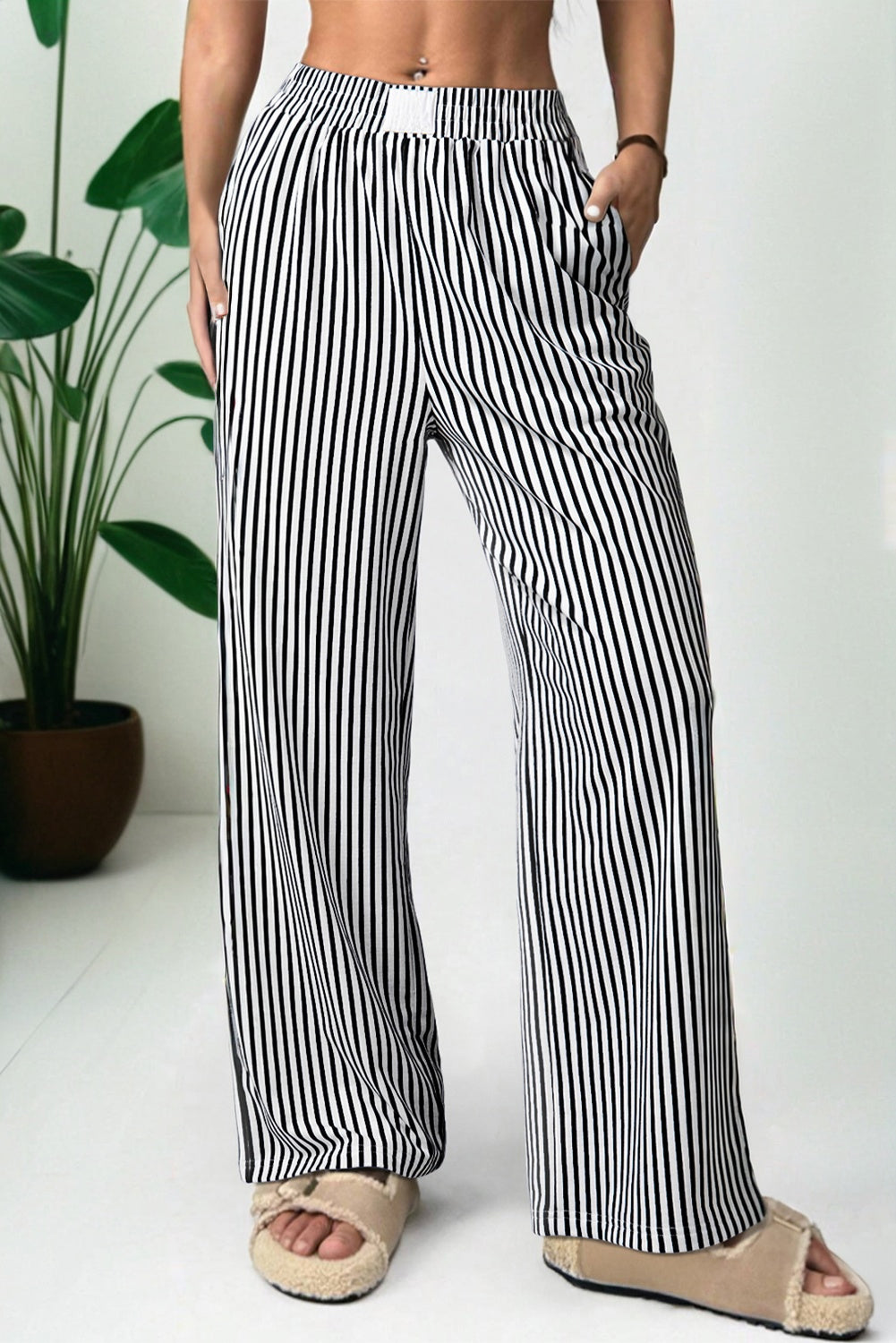 Black Striped Elastic Waistband Pocketed Loose Pants