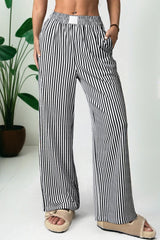Black Striped Elastic Waistband Pocketed Loose Pants
