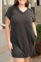 Carbon Grey Corded V Neck Plus Size Shirt Dress