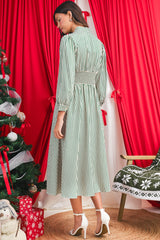 Green Striped V Neck Zip Front Cinched High Waist Midi Dress
