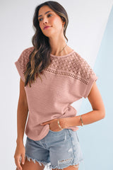 Light Pink Hollow Patchwork Waffle Knit Top