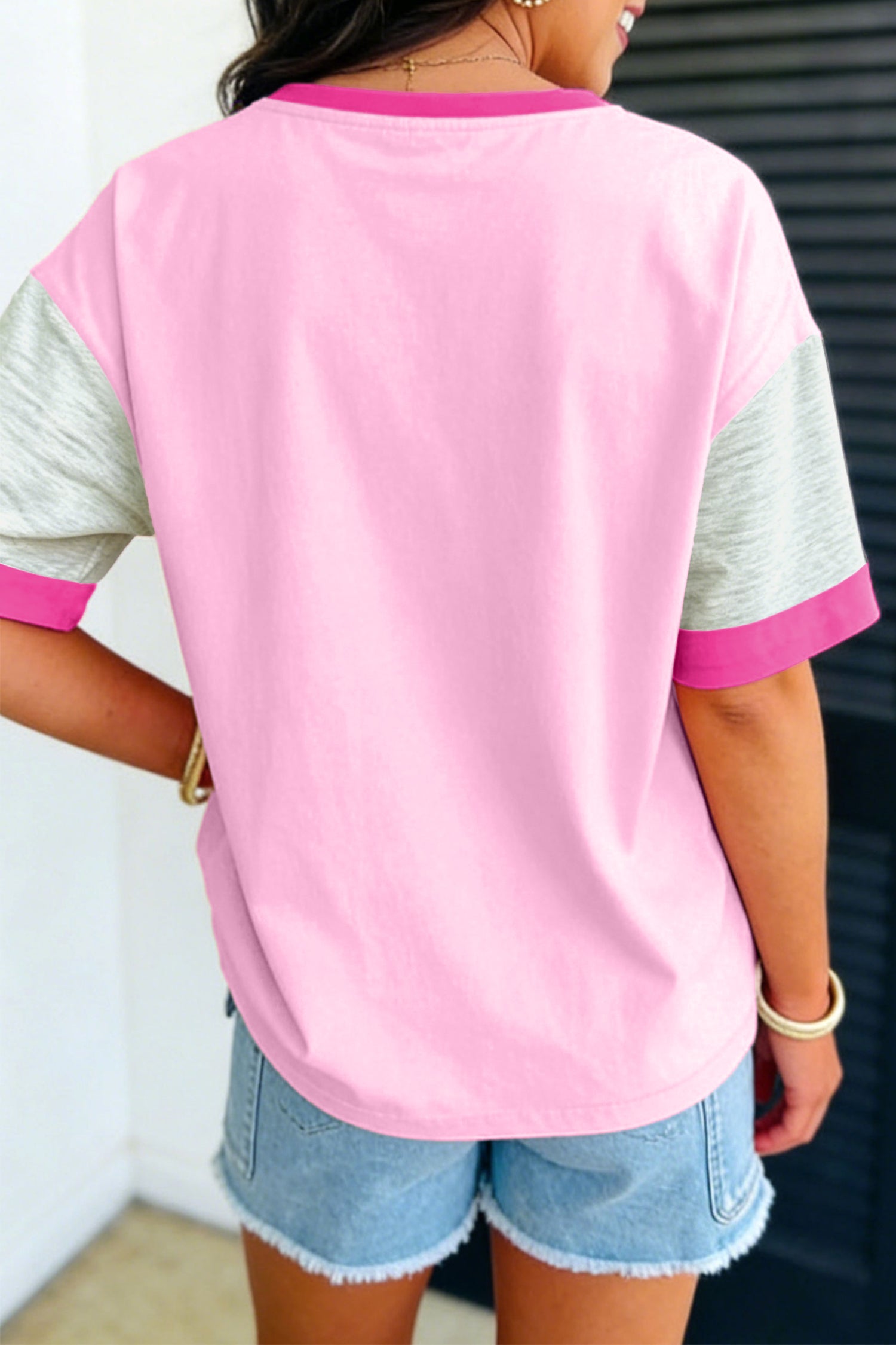 Gossamer Pink Embroidered Bow Detail Color Block Loose Tee