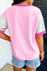 Gossamer Pink Embroidered Bow Detail Color Block Loose Tee