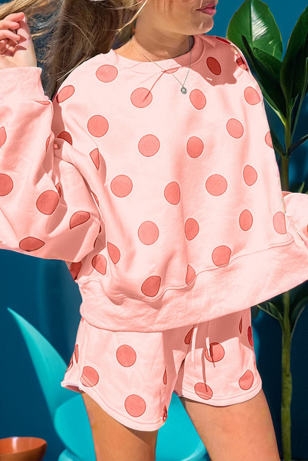 Pink Polka Dot Print Drop Shoulder Pullover Drawstring Shorts Set