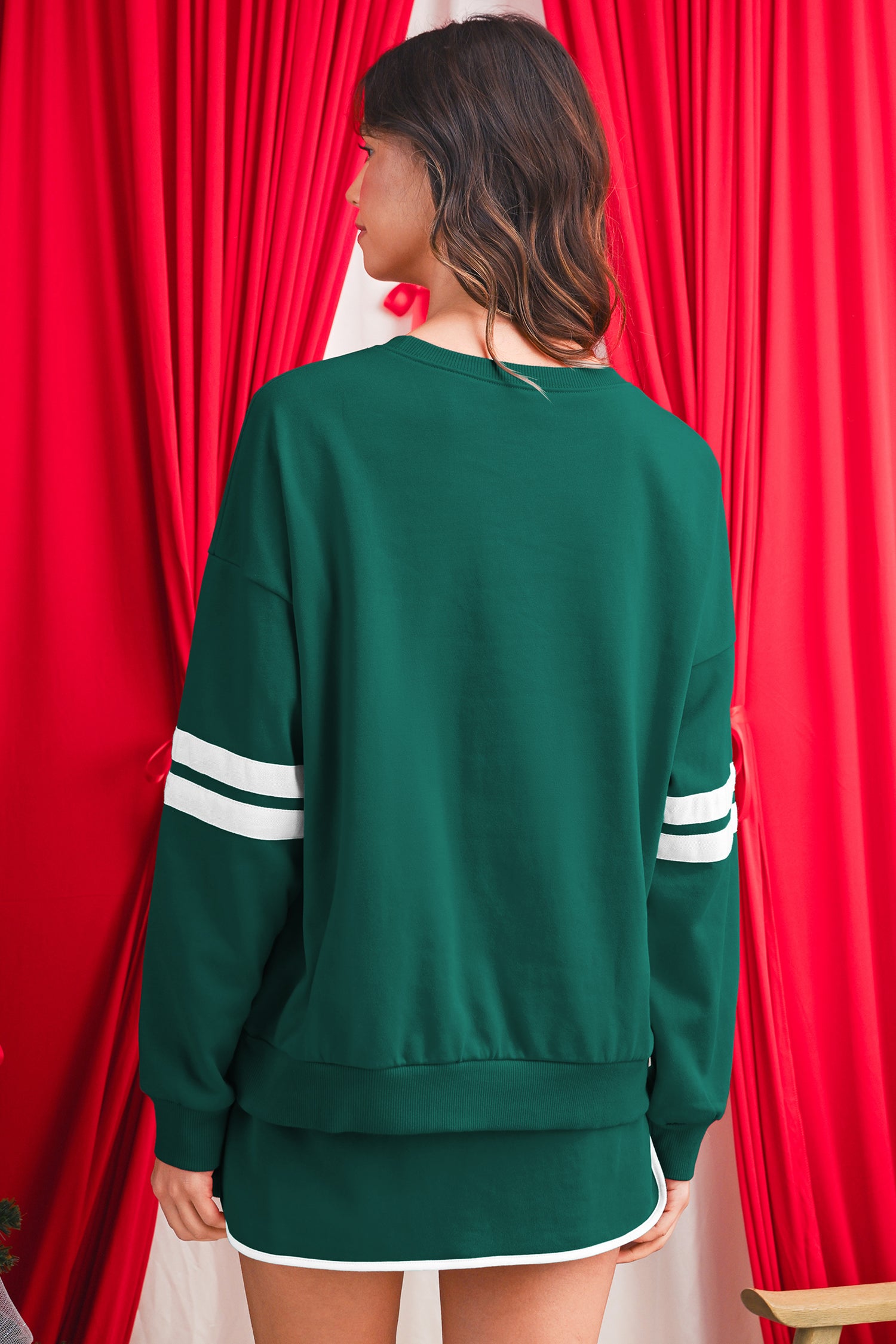 Evergreen Varsity Stripe Detail Drop Shoulder Pullover Mini Skort Set