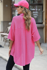 Bright Pink Waffle Textured Knit Button Down Short Sleeve Shacket