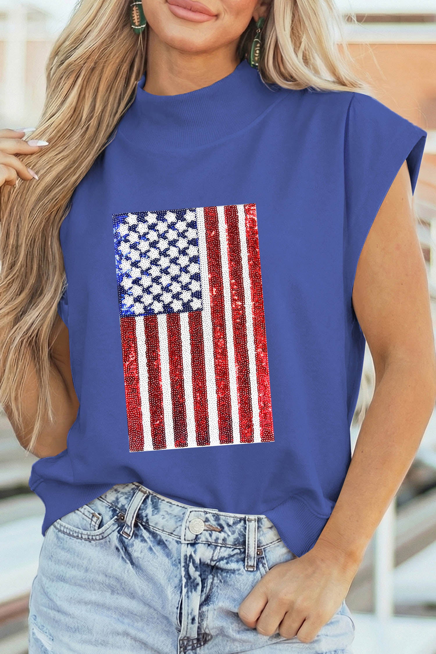 Sky Blue Sequin American Flag High Neck Short Sleeve Top