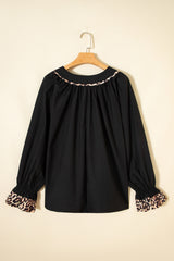 Black Plus Size Split Neck Leopard Trim Flounced Long Sleeve Blouse