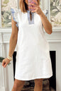 White Contrasted Striped Patchwork Split Neck Ruffle Trim Sleeveless Dress