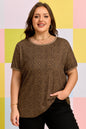 Khaki Plus Size Leopard Print Ribbed Trim Round Neck Tee
