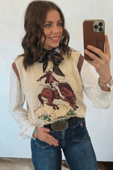 Khaki 2 Fly Buck Yeah Bronc Rider Graphic Sweater Vest | Western Statement Knit