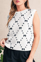 White Bow Pattern Buttoned Side Knit Top