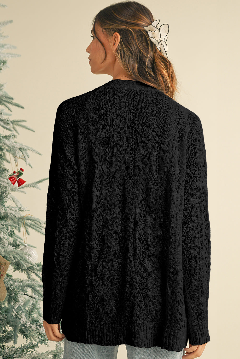 Black Solid Color Hollow Knit Open Front Cardigan