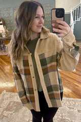 Parchment Plaid Patchwork Long Sleeve Shacket