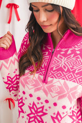 Rose Red Christmas Snowflake Quarter Zip Collard Sweater