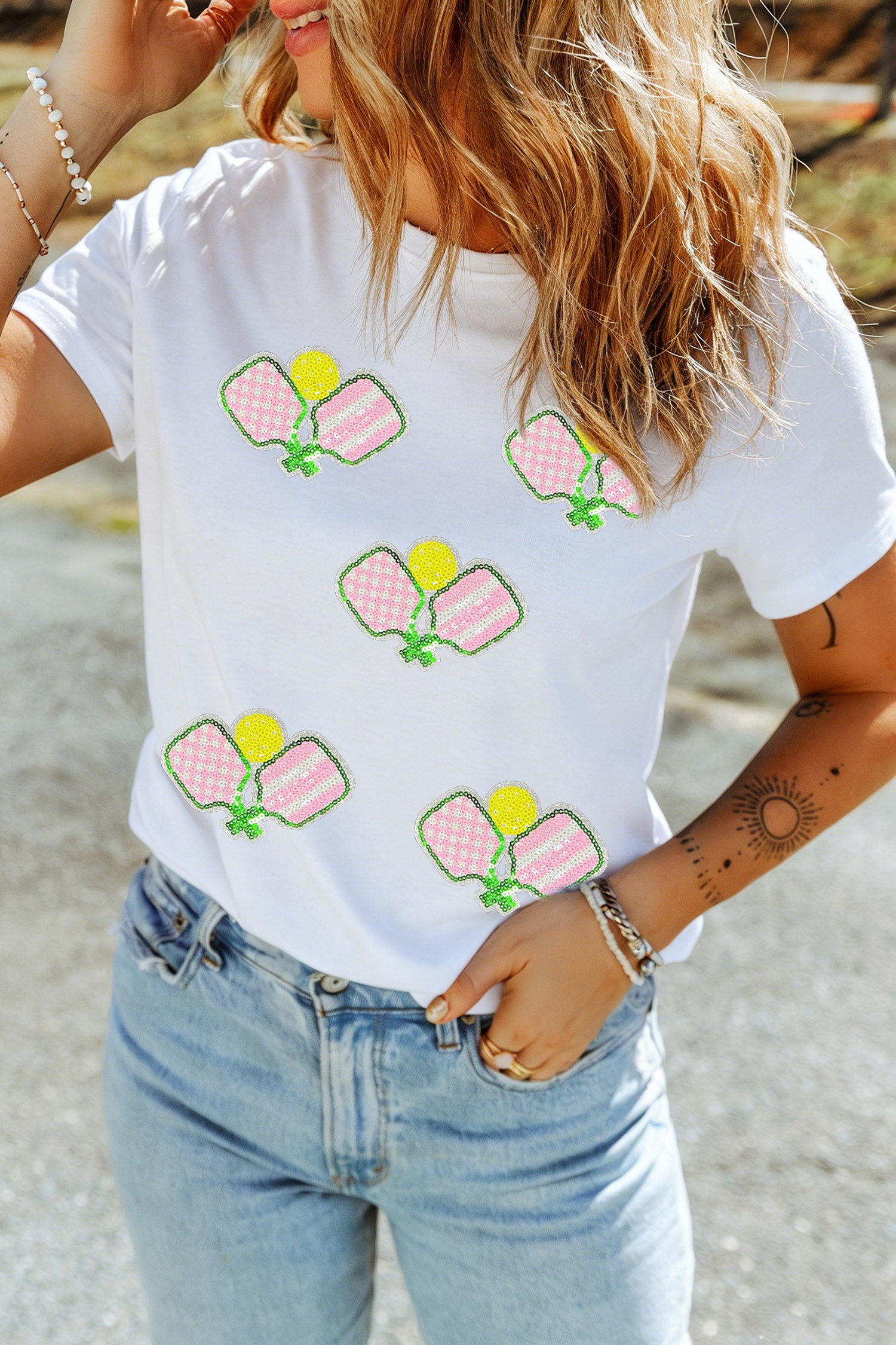 White Sequin Pickleball Graphic Summer Athleisure Tee
