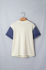 Beige Denim Patchwork Short Sleeve Ribbed Shirt