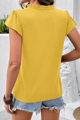 Yellow Sheer Lace Splicing Split Neck Ruffle Short Sleeve Blouse