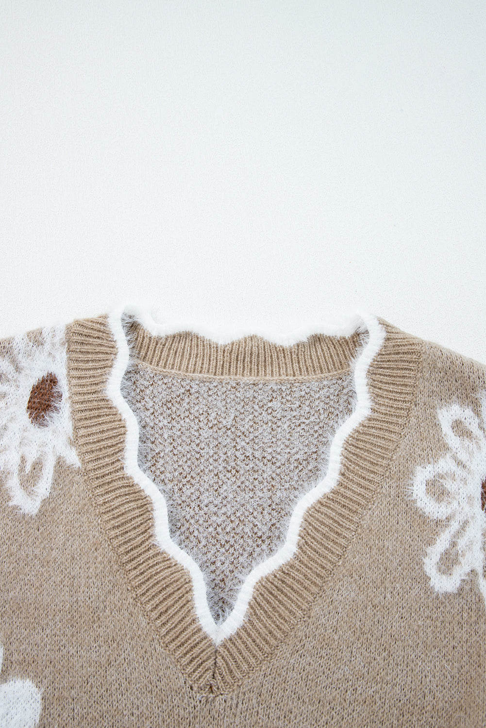 Smoke Gray Jacquard Floral Scallop V-neck Sweater