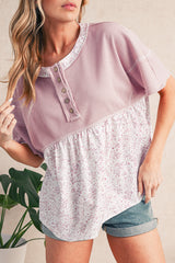 Pink Waffle Floral Patchwork Exposed Seam Detail Short Sleeve Top