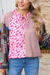 Pink Boho Mixed Floral Patchwork Drop Shoulder Bubble Sleeve Blouse