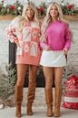 Pink Candycane Snowflake Checker Christmas Holiday Drop Shoulder Tunic Loose Sweater