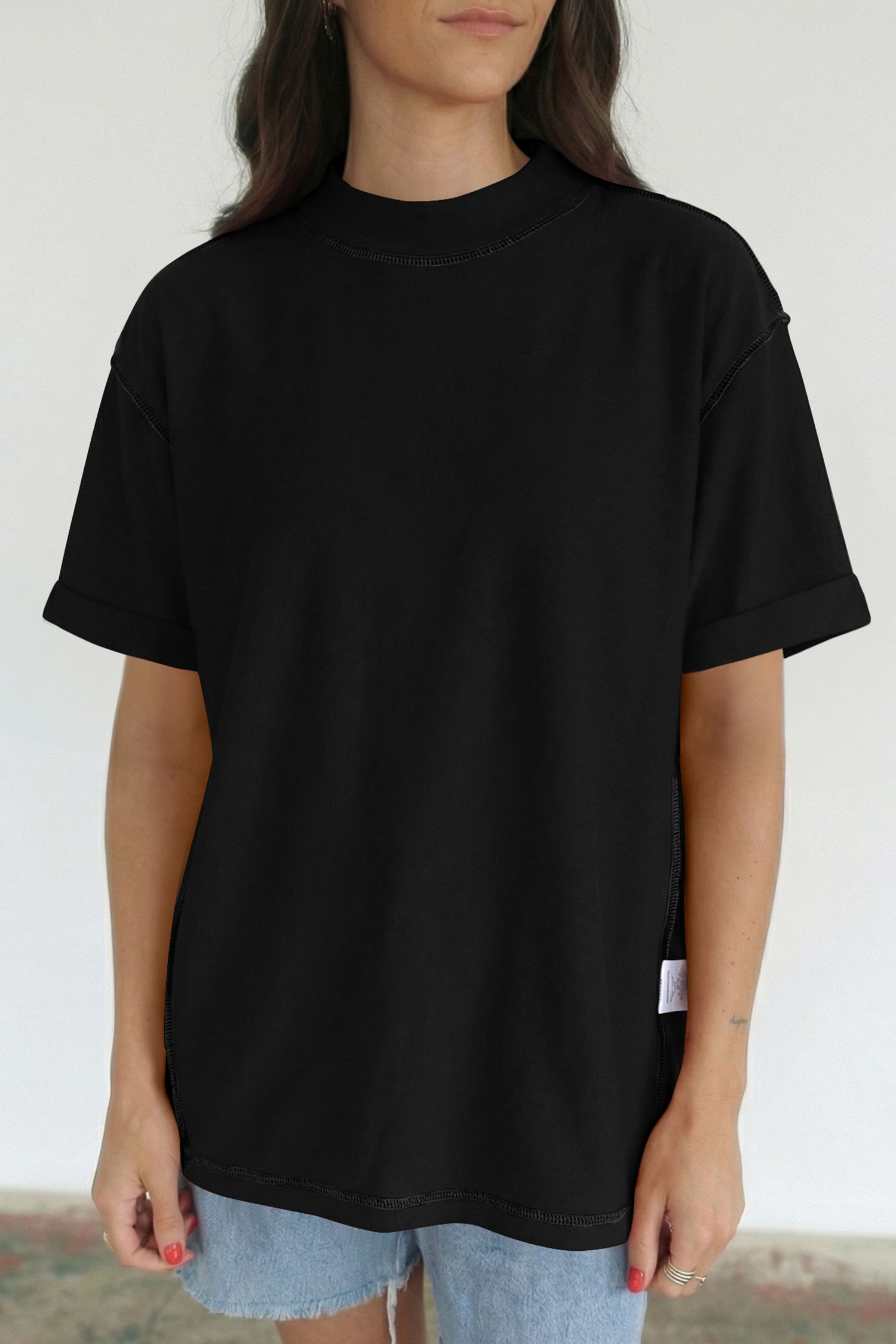 Black Solid Color High Neck Oversize Tee