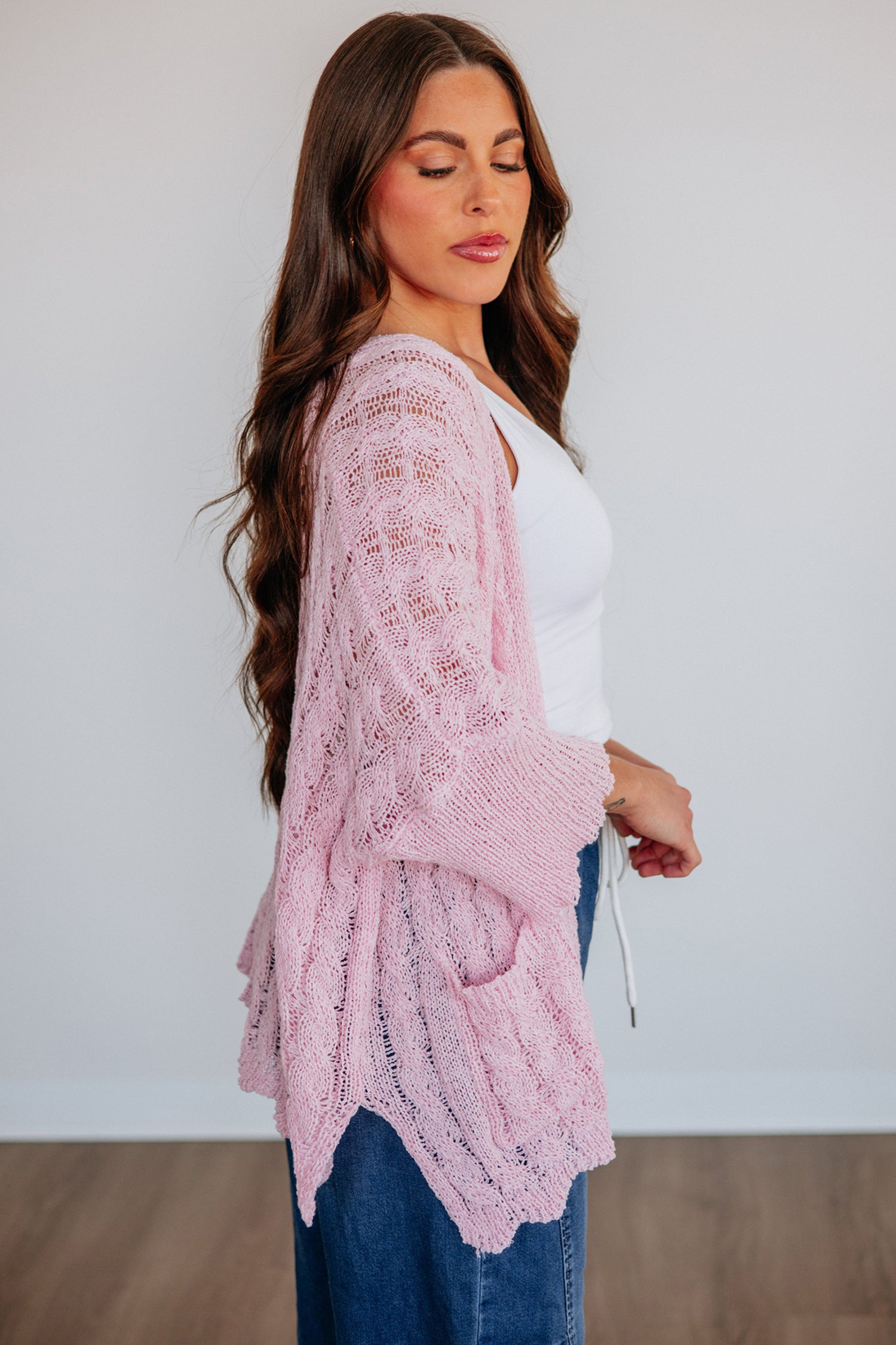 Pink Drop Shoulder Cut-Out Knit Cardigan Tunic