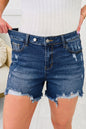Sail Blue Asymmetric Raw Hem Distressed Whiskery Denim Shorts