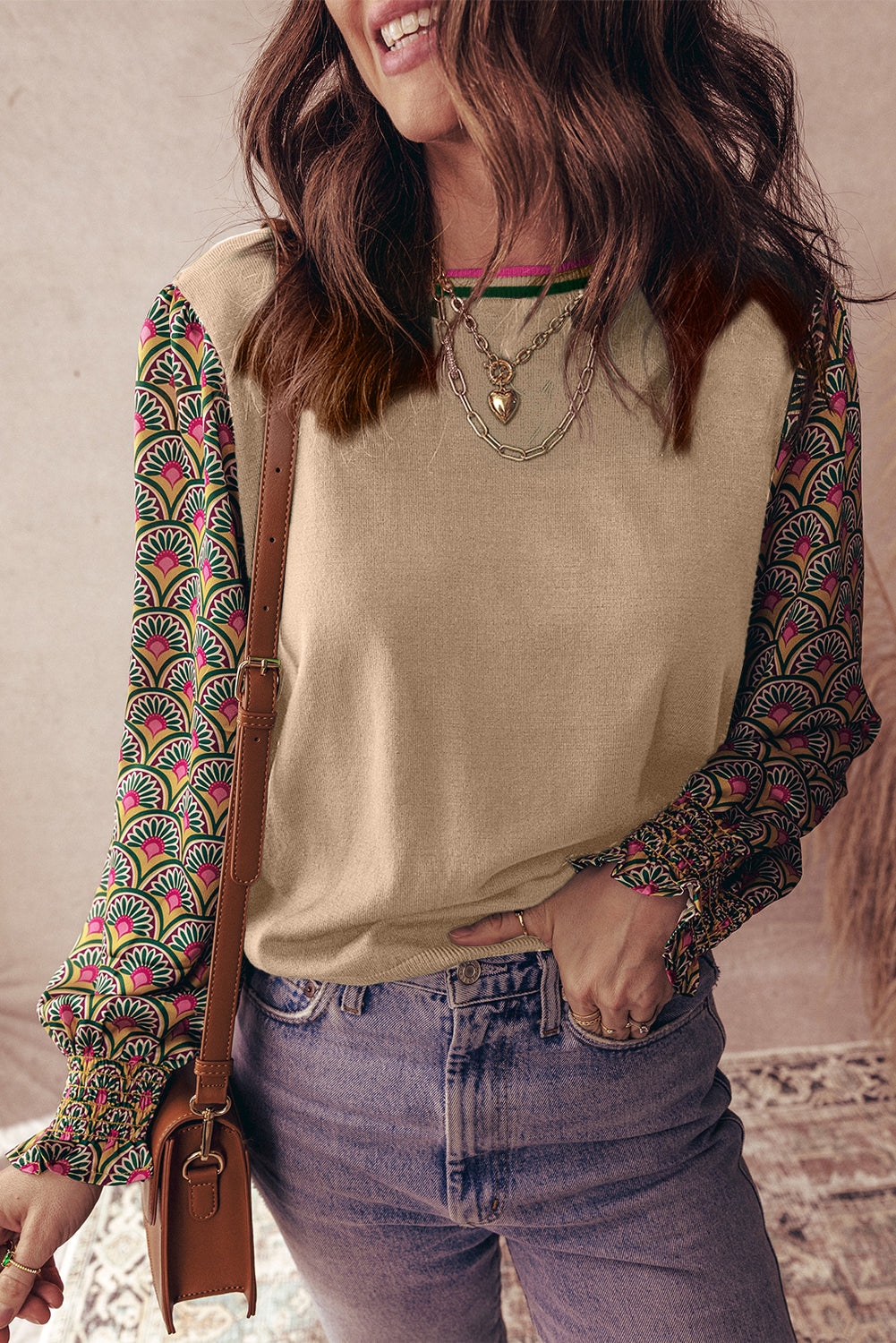 Apricot Floral Patchwork Shirred Cuff Puff Sleeve Sweater