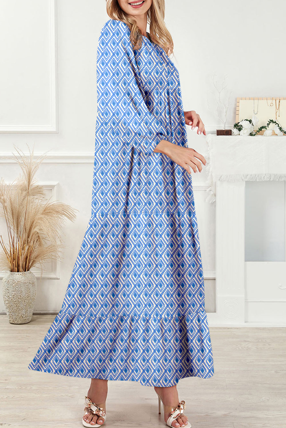 Blue Boho Printed Half Sleeve Maxi Dress