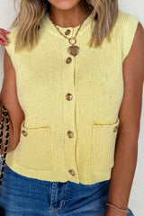 Yellow Cream Solid Color Sleeveless Knit Button Pocketed Sweater