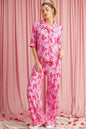 Pink Bow Knot Print Lapel Collar Short Sleeve and Pants Pajama Set