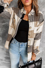 Khaki Plaid Color Block Buttoned Pocketed Shacket