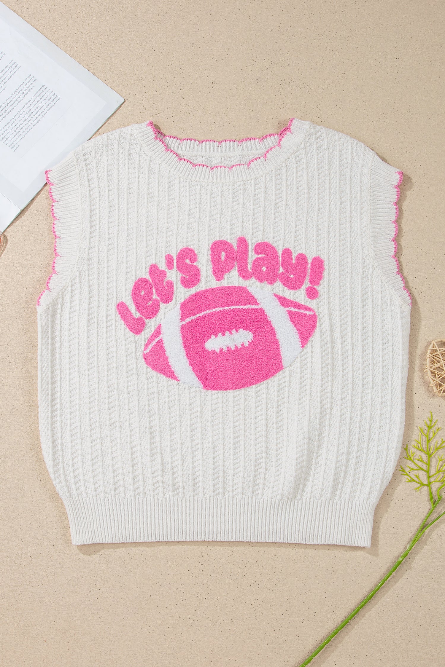 White Sleeveless Round Neck Embroidery Towel Stitch Casual Shift Sweater Vest