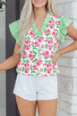 Multicolour Sweet Floral Print Striped Ruffle Trim V Neck Blouse