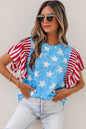 Sky Blue Vintage Star Print Striped Ruffle Sleeve Independence Day Top