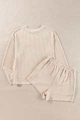 Parchment Corded Long Sleeve Top and High Waist Shorts Set