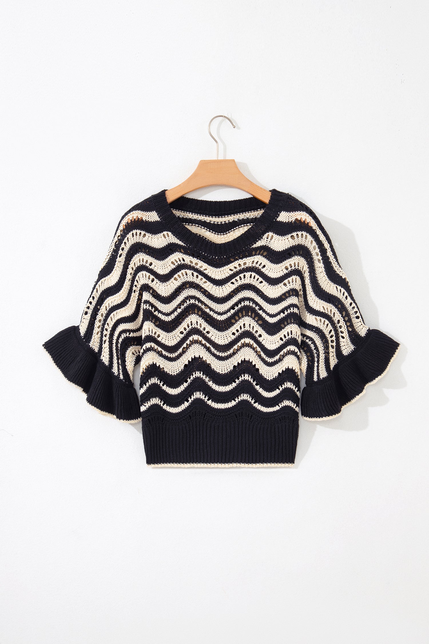 Black Stripe Wavy Crochet Eyelet Detail Ruffle Half Sleeve Sweater