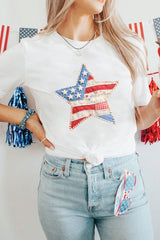 White Faux Patchwork Star Printed Patriotic Graphic Tee