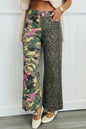 Multicolour Abstract Camouflage Print Contrast Leopard Patchwork Straight Leg Jeans