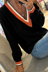 Black Contrast Striped Trim V Neck Knit Sweater