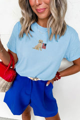 Light Blue Embroidered Dog Holding American Flag Graphic T Shirt