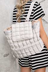 Medium Grey Solid Flapped Quilted Puffer Backpack