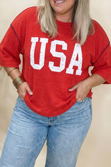 Fiery Red Plus Size Twisted Rib Vintage USA Letter Printed T Shirt