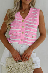 Pink Striped V Neck Button Knit Vest