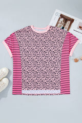 Pink Leopard Striped Contrast Patchwork Plus Size Tee